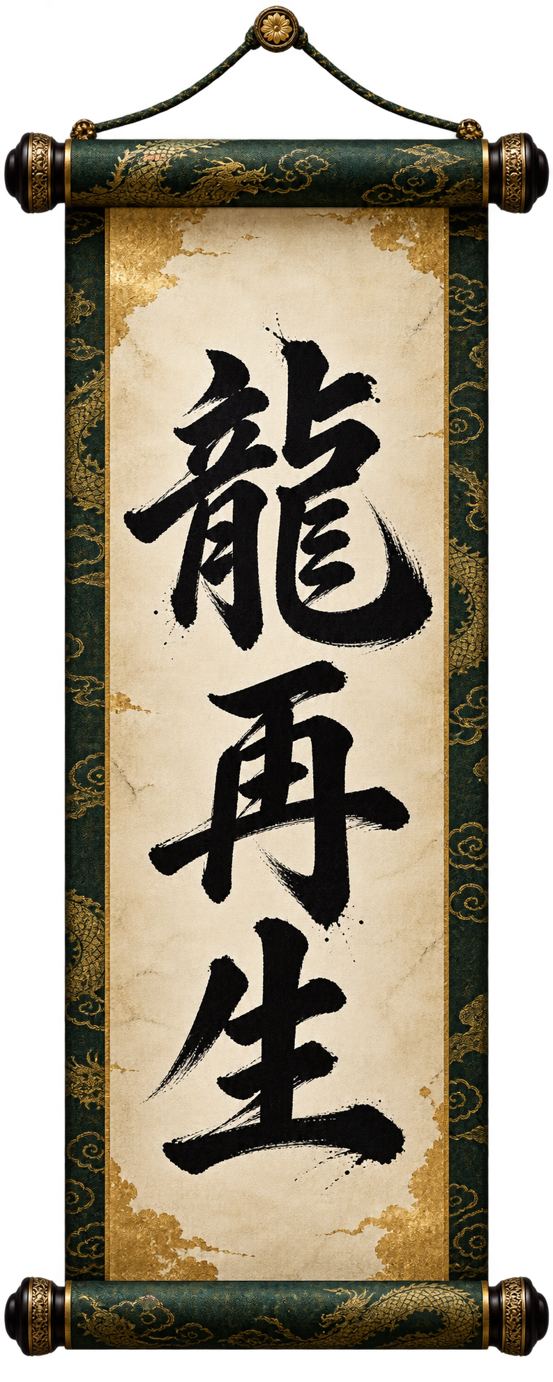 A vertical kanji scroll displaying Tatsu Sai Sei.
